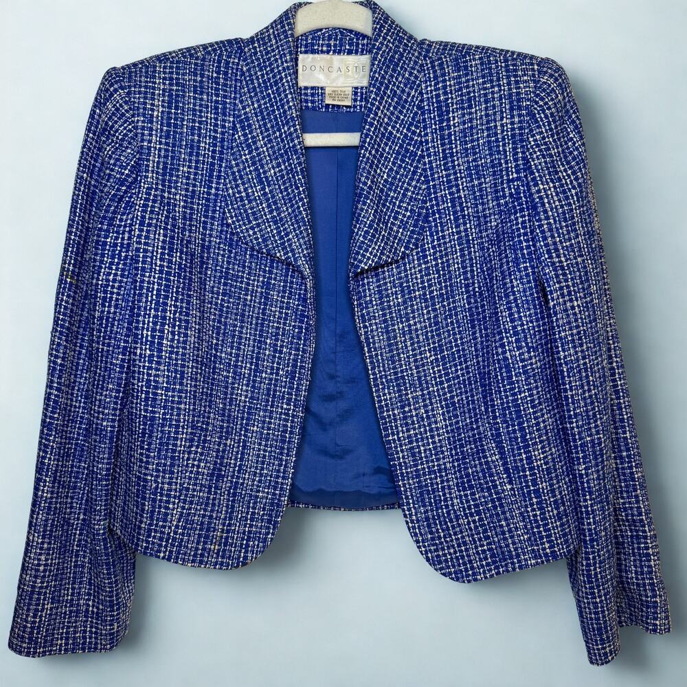 Doncaster Silk Tweed Cropped Blazer Blue White Sz 6
